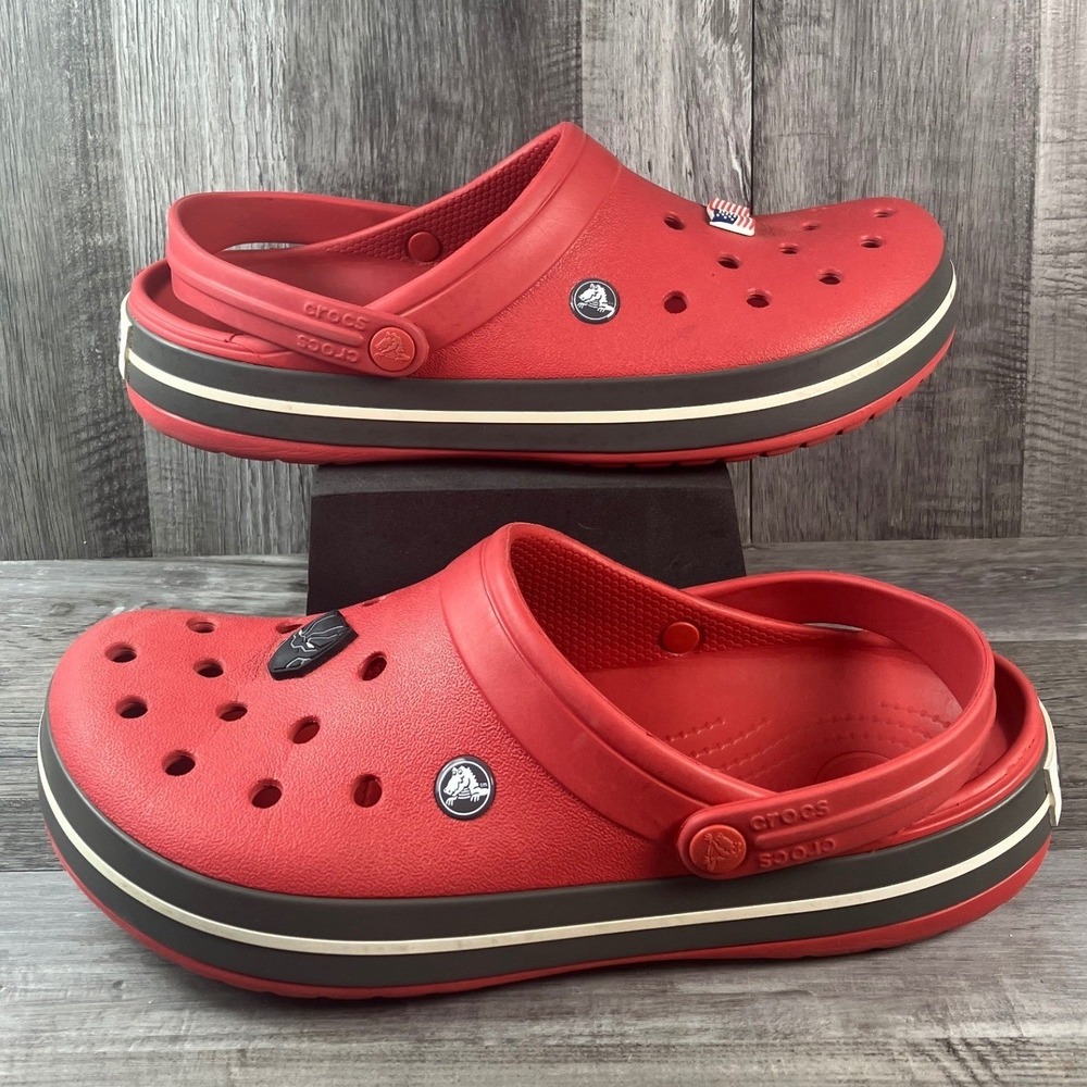 Crocs Crocband Red Clogs Mens 10 Womens 12 Jibbitz Charms Sporty Slip On Shoes